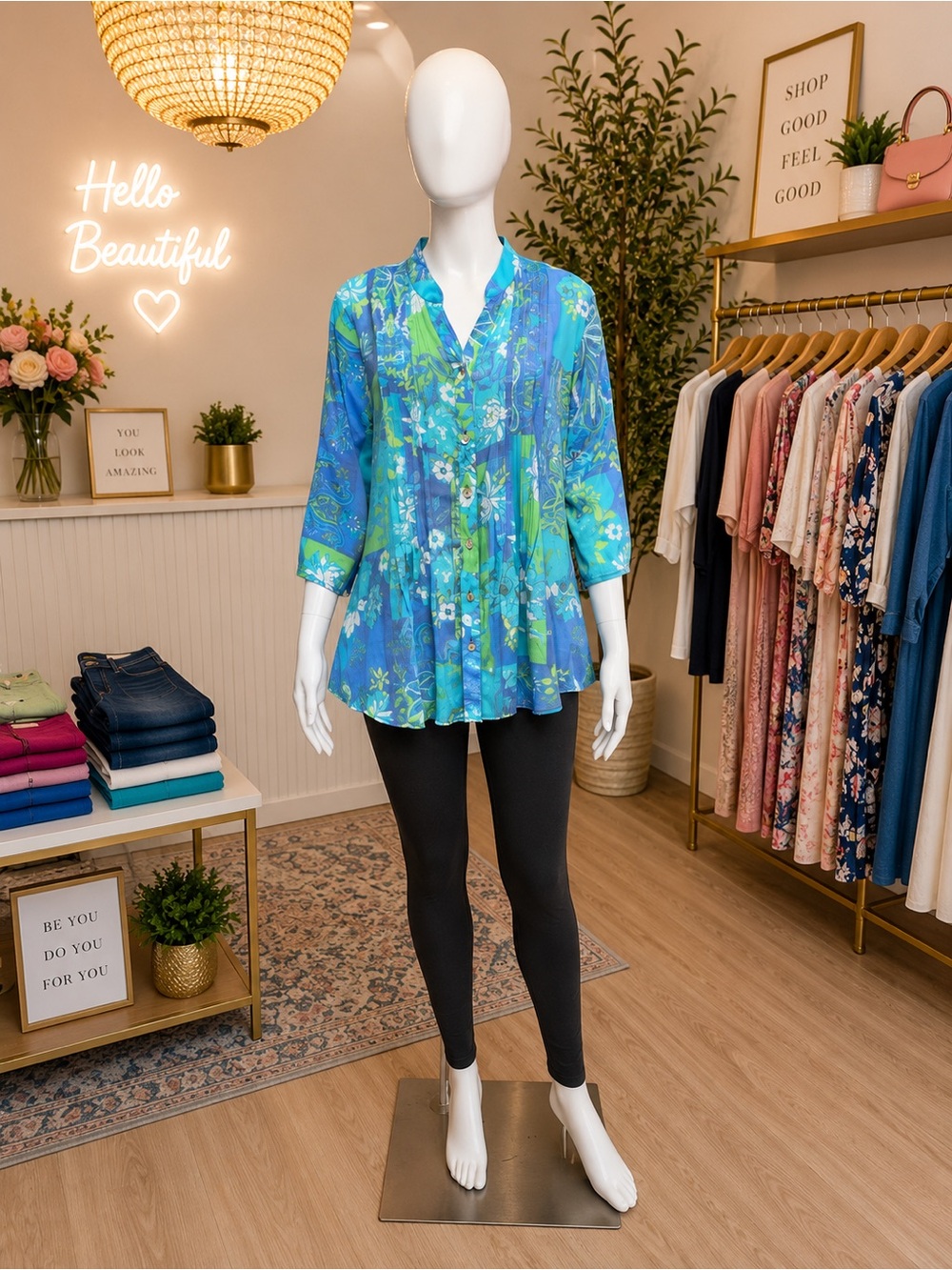 NWOT Ruby Rd. Blue & Green Floral Peplum Button-Front Blouse